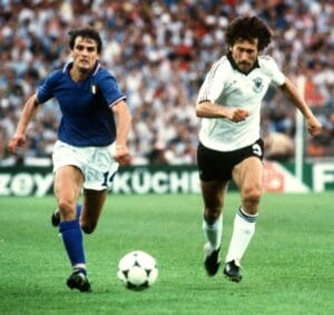 Italian forward Marco Tardelli (L) and West German