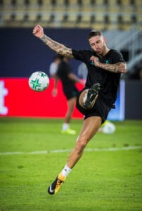 Skopje, Macedonia. August 7th 2017, Philip II National Arena, Skopje, Macedonia; 2017 Super UEFA Super Cup; Real Madrid versus Manchester United; Pre Match Press Conference and Training Session; defender Sergio Ramos of Real Madrid shoots on the goal duri
