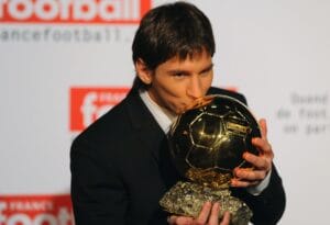Barcelona's Argentinian forward Lionel Messi receiving the European footballer of the year award, the 'Ballon d'Or' (Golden ball) in Boulogne-Billancourt, near Paris, France on December 6, 2009. Photo by Pierre Tremoussa/ABACAPRESS.COM