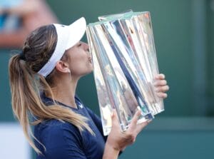 Indian Wells, California, USA. October 17, 2021 Paula Badosa of Spain poses with the winner's trophy after winning the finals match against Victoria Azarenka of Belarus during the 2021 BNP Paribas Open at Indian Wells Tennis Garden in Indian Wells, Califo
