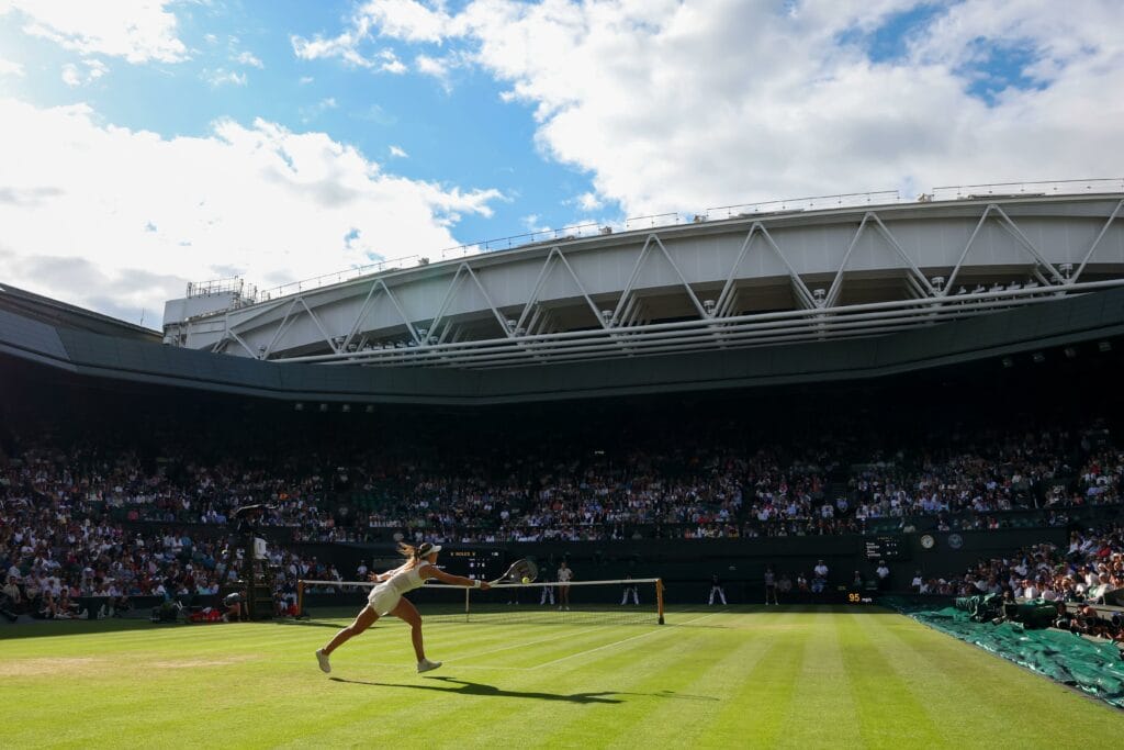 2nd July 2022, All England Lawn Tennis and Croquet Club, London, England; Wimbledon Tennis tournament; Paula Badosa plays a forehand to Petra Kvitova in the womens singles