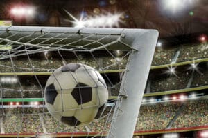 Soccer stadium, net, soccer ball, goal, grand stand