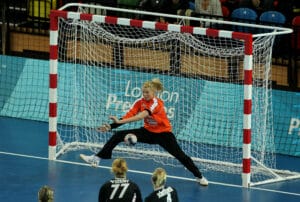 Austria's goalkeeper Petra Blazek saves late in the gold medal match during the London Handball Cup and 2012 test event at the Olympic Park, London.