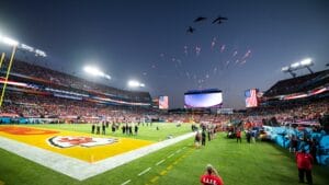 Tampa, United States. 07th Feb, 2021. U.S. Air Force Global Strike Command bombers perform a flyover during Super Bowl LV at Raymond James Stadium February 7, 2021 in Tampa, Florida. Credit: Planetpix/Alamy Live News