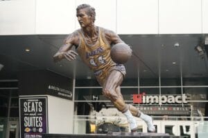 Los Angeles, United States. 06th Dec, 2021. A statue of former Los Angeles Lakers guard Jerry West at Star Plaza at Staples Center (Crypto.com Arena), Monday, Dec. 6, 2021, in Los Angeles. Photo via Credit: Newscom/Alamy Live News