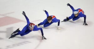 Winter Olympics - Short Track Skating Photocall - Nattional Ice Centre. Great Britain's Jon Eley, Richard Shoebridge and Jack Whelbourne during a practice session at the National Ice Centre, Nottingham.