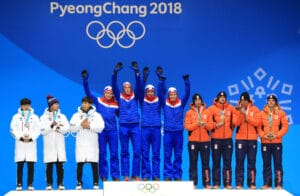22nd Feb, 2018. Medalists of men's team pursuit Speed skaters of Norway (C), South Korea (L) and the Netherlands attend the medal ceremony at the PyeongChang Winter Olympics in PyeongChang, northeastern South Korea, on Feb. 22, 2018, after winning the gol