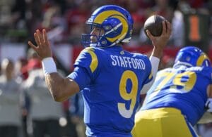 Tampa, United States. 23rd Jan, 2022. Los Angeles Rams quarterback Matthew Stafford (9) passes against the Tampa Bay Buccaneers during the first half of their NFC Divisional playoff game at Raymond James Stadium in Tampa, Florida on Sunday, January 23, 20
