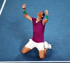 Melbourne, Australia. 30th Jan, 2022. Australian Open Melbourne Park Day 14 30/01/2022 Mens Singles Final Rafa Nadal (ESP) celebrates as he wins a record 21st Grand Slam title Credit: Roger Parker/Alamy Live News