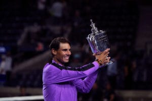 Flushing Meadows, New York, United States - September 8, 2019. Rafael Nadal of Spain holds the trophy after defeating Daniil Medvedev in the men's final to win the US Open today. Credit: Adam Stoltman/Alamy Live News
