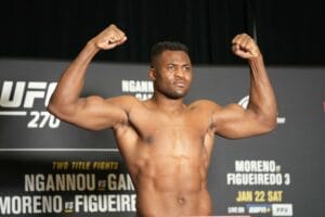 Anaheim, USA. 21st Jan, 2022. ANAHEIM, CA - January 21: Francis Ngannou steps on the scale at Hilton Convention Center for UFC270 - Ngannou vs Gane - Official Weigh-in on January 21, 2022 in Anaheim, California, United States. (Photo by Louis Grasse/PxIma