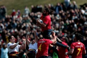 Madrid, Spain; 27.02.2022.- Spanish rugby team (Red), achieved a victory against Romania (White) by 38-21, with which it occupies second place in the European classification and closer to the World Cup. Final score 38-21, with 5 trials for the Spanish tea