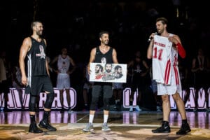 Marc Gasol from Spain of Memphis Grizzlies, Juan Carlos Navarro from Spain exFC Barcelona Lassa player and Pau Gasol from Spain of San Antonio Spurs during the charity friendly match Pau Gasol vs Marc Gasol, with European and American NBA players to help