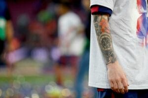 Leo Messi tattoo during the celebration of the victory of FC Barcelona in the Spanish League football match between FC Barcelona and Deportivo on May 23, 2014 at Camp Nou stadium in Barcelona, Spain. Photo Bagu Blanco / DPPI