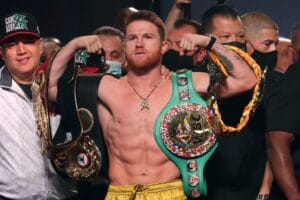 Las Vegas, Nevada, USA. 5th Nov, 2021. LAS VEGAS, NV - NOVEMBER 6: Boxer Canelo Alvarez poses on the scale during the official weigh-in for his bout against Caleb Plant at the MGM Grand Garden Arena on November 6, 2021 in Las Vegas, Nevada.The fighters wi