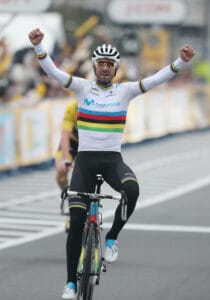 Saitama, Japan. 4th Nov, 2018. Spanish cyclist Alejandro Valverde of Movista Team raises his arms in the air as he won the Tour de France Saitama Criterium in Saitama, suburban Tokyo on Sunday, November 4, 2018. World champion Valvelde won the race while