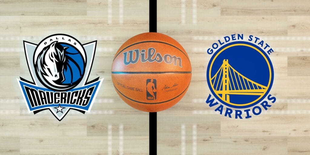 Guilherand-Granges, France - May 16, 2022. NBA basketball in arena with Dallas Mavericks vs Golden State Warriors logo. Regular season or Playoffs gam