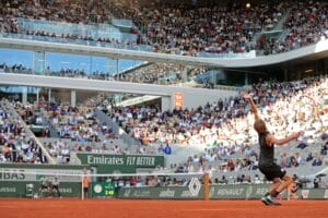 Roland Garros, Paris, France: 31st May 2022;  French Open Tennis tournament: Alexander Zverev (GER) serves to Carlos Alcaraz (ESP)