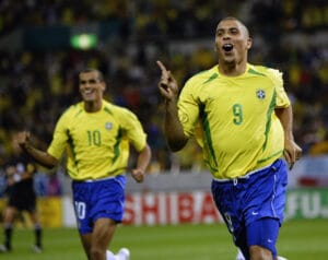 Ronaldo of Brazil celebrates scoring the winning goal