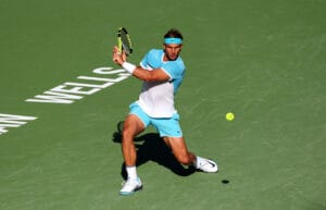 Indian Wells, California, USA. 16th Mar, 2016. Rafael Nadal of Spain returns a shot against Alexander Zverev of Germany during the 2016 BNP Paribas Open at Indian Wells Tennis Garden in Indian Wells, California. Charles Baus/CSM/Alamy Live News