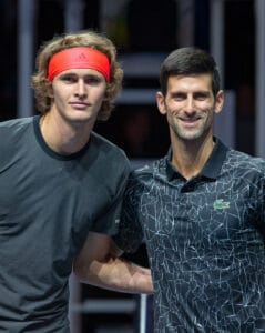 London, UK. 14th Nov 2018. Alexander Zverev (Germany) & Novak Djokovic (Serbia) during day four the second round robin match at the Nitto ATP Finals London at the O2, London, England on 14 November 2018. Photo by Andy Rowland. Credit: Andrew Rowland/Alamy