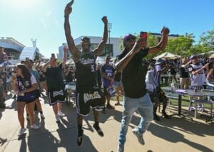 Sacramento, CA, USA. 23rd June, 2022. Sacramento Kings fans Josh Jones and James Cross celebrate after the Kings draft Keegan Murray during NBA draft at the Golden 1 Center in Sacramento, Thursday, June 23, 2022. The Kings draft the Iowa standout with the