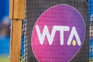 The WTA logo on a tennis net at the Aegon International tournament in Eastbourne