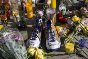 Los Angeles, California, USA. 15th Mar, 2019. Shoes, flowers and candles left by fans at a memorial of an NBA legend Kobe Bryant in Los Angeles, California.Kobe Bryant and his daughter Gianna and 7 other people died in a helicopter crash. Credit: Ronen Ti