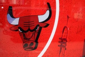Bordeaux , Aquitaine / France - 07 07 2020 : Chicago Bulls team logo sign on windows shop professional basketball club