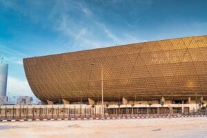LUSAIL, QATAR - JULY 26, 2022: Lusail International Stadium in Doha, Qatar. The stadium will host the final game of the 2022 FIFA World Cup.
