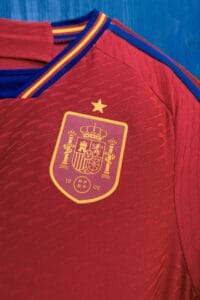 Adidas presents the kit for the Spain national team for the FIFA Football World Cup 2022 in Qatar - federation logo on the shirt of the home kit