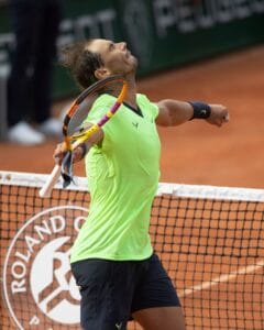 Spanish tennis Rafael Nadal (ESP) celebrating match point during French Open 2021 tennis tournament, Paris, France